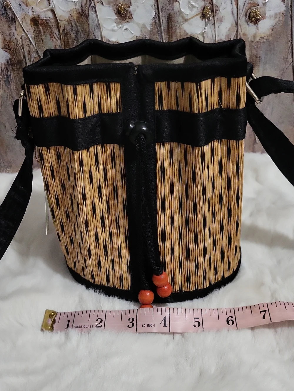 Saraye Tatami Small Handcrafted Black and Tan Woven Bucket Bag